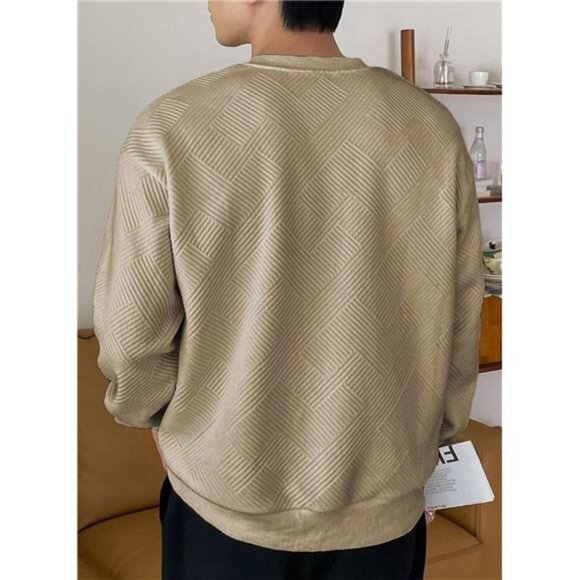 Men Men's Crewneck Sweat‎ Soild Color Geometric Texture Long Sleeve Casual Shirt - Picture 2 of 7